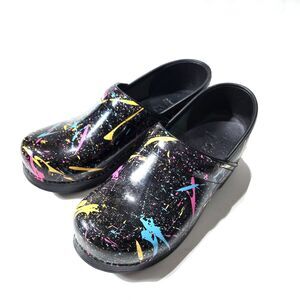 Dansko Professional Splatter Neon Clogs Patented Leather Sz 38